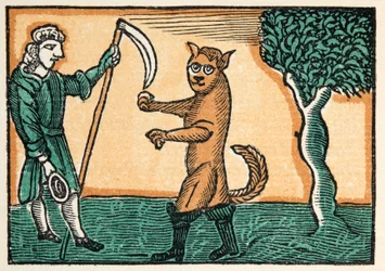 Il gatto con gli stivali da Histories or Tales of Past Times told by Mother Goose, With Morals, di M Perrault, pub. 1925 (stampa xilografica colorata a mano)