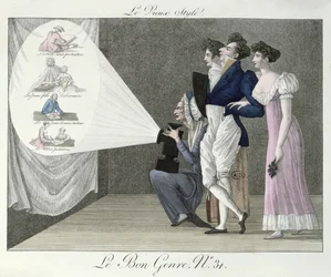 Lo stile antico, guardando una proiezione di immagini del XVIII secolo da un film di lanterna magica, illustrazione da Le Bon Genre