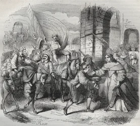 Il ritorno di Gonesse, episodio della Fronda: la “Signora di Parigi” accoglie la “Signora di Aubervilliers” e il “Nouricier Gonesse” venuti a rifornirla. Incisione frondeuse 1649 - incisione in “Parigi attraverso i secoli” di H. Gourdon de Genouillac