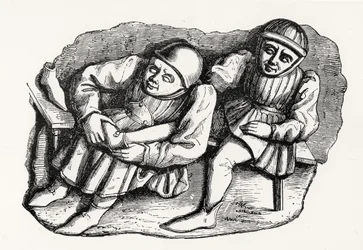 Il calzolaio e il suo cliente, copiato da uno degli stalli della Misericordia nel coro della cattedrale di Rouen, illustrazione da Scienza e Letteratura nel Medioevo e nel Rinascimento