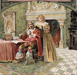 Il signore di Beringhen e Madame du Fargis complottano contro Richelieu (Armand Jean du Plessis, Cardinale di Richelieu (1585-1642), ministro di Luigi XIII, al Castello di Azay-le-Rideau (Indre-et-Loire). Cromolitografia della fine del XIX secolo