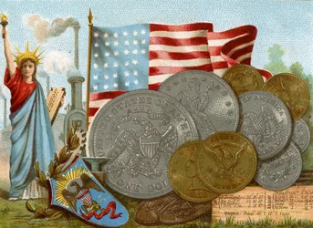 La Statua della Libertà accanto a un camino di fabbrica, la bandiera americana e una vetrina di dollari, c.1890
