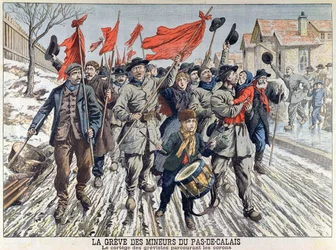 Lo sciopero dei minatori nel Pas-de-Calais, il corteo degli scioperanti nel villaggio minerario, da Le Petit Journal, 1° aprile 1906