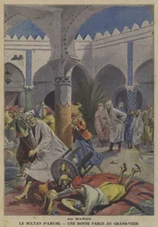 Il Sultano del Marocco si diverte facendo uno scherzo al suo Gran Visir (litografia a colori)