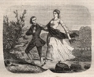 Il filosofo svizzero Jean Jacques (Jean-Jacques) Rousseau (1712-1778) aiutò Mademoiselle Galley ad attraversare un ruscello. Incisione del 1871 in "Histoire Des Cocus Célèbres" di Henry de Kock (1819-1892).