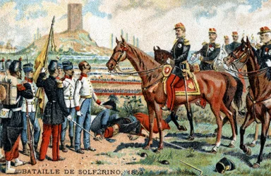 La battaglia di Solferino (Italia) tra gli eserciti franco-sardi (vincitori) e austriaci (sconfitti) nel 1859. Cromolitografia del XIX secolo