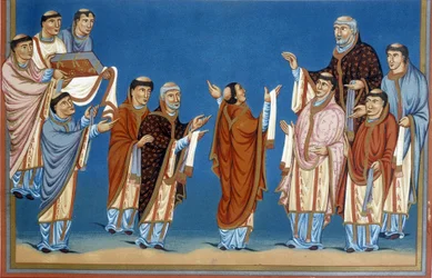 I canonici di San Martino di Tours offrono al re Carlo II detto il Calvo una Bibbia scritta nella loro abbazia