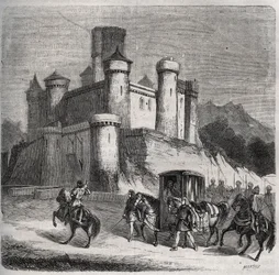 Il corteo di Rigonde (Rigonthe) (intorno al 569-dopo il 589) lascia Parigi per andare dal suo fidanzato, il principe Recarede. Incisione del 1871 in "Histoire Des Cocus Celebres" di Henry de Kock (1819-1892).