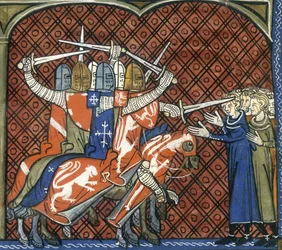 La crociata contro gli Albigesi, c.1325-c.1350. Soldati a cavallo con spade attaccano un gruppo di Albigesi. Papa Innocenzo III predicò una guerra santa contro i cristiani albigesi, temendo la diffusione delle loro credenze. Nel 1209 ordinò la