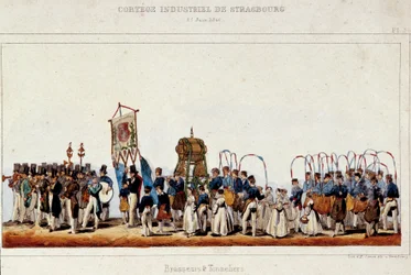 La danza dei birrai e dei bottai durante il corteo industriale a Strasburgo il 25/06/1840. Litografia di Simon