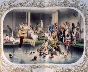 La giornata del nuoto femminile in una piscina parigina, 1900 circa (stampa)