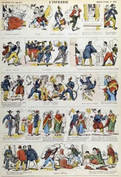 Le diverse fasi di un incendio del XIX secolo. Immagine di Epinal del XIX secolo