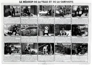 Il medico della città e della campagna e i loro diversi pazienti, pubblicato da J.B. Gadolachez Cours de Brosses a Lione, fine 19° secolo