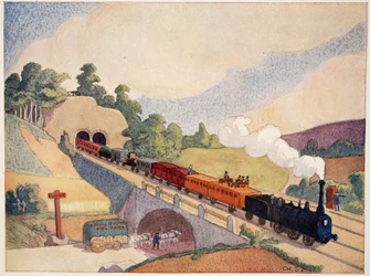 La prima ferrovia Parigi-Rouen, copia di un francobollo del 1837, di M. Charles Sanlaville, illustrazione da Histoire de la Nation Francaise, di Gabriel Hanotaux, 1924