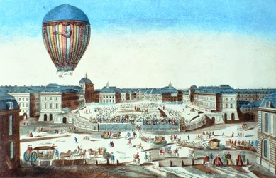 Il primo volo del pallone aerostatico di Pilatre du Rozier, intitolato al suo sponsor, M. Montgolfier, a Versailles il 23 giugno 1784