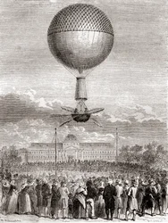 Il primo volo in mongolfiera di successo di Jean-Pierre François Blanchard il 2 marzo 1784, in un pallone a gas idrogeno lanciato dal Champ de Mars, Parigi, Francia, da Les Merveilles de la Science, pubblicato c.1870