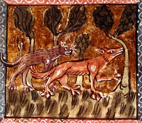 La volpe e il lupo, miniatura dal manoscritto intitolato Roman de Renart (Il romanzo della volpe), ca. XIII secolo