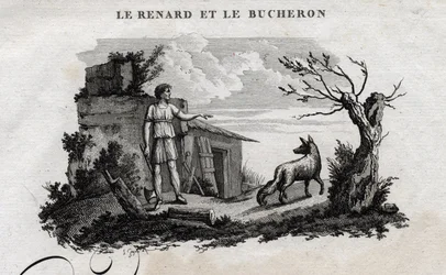 La volpe e il boscaiolo. Favola di Esopo. Scritta da Guillaume Montfort e incisa da Beauble nel 1801.
