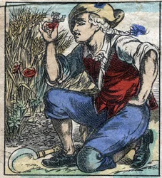 Il gigante agricoltore di Brobdingnag afferra Lemuel Gulliver. Illustrazione per "I viaggi di Gulliver" di Jonathan Swift (1667-1745). Immagine di Epinal fine XIX secolo.