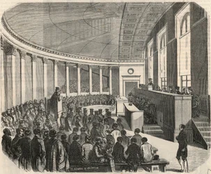 Il grande anfiteatro durante un concorso alla scuola di diritto di Parigi - incisione in 