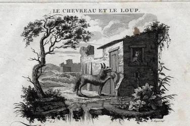 Il capretto e il lupo. Favola di Esopo. (Scrittore greco Esopo o Ecopo, VI secolo a.C.) Scritta da Guillaume Montfort e incisa da Beauble nel 1801.