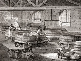 La fabbricazione del sapone in grandi vasche nel XIX secolo, da 