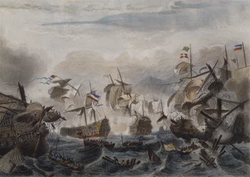 La battaglia navale di Capo La Hogue nel 1692, incisa da Chavanne