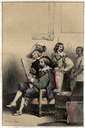 Il pittore Diego Velasquez (1599-1660) accoglie nel suo studio Pierre Paul (Pierre-Paul) Rubens (o Peter Paul o Petrus Paulus) (1577-1640). Tavola tratta da "Scene della vita degli uomini famosi" incisione a due colori di Valerio. 1843