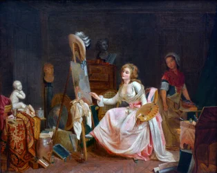 Lo studio del pittore. Giovane donna che dipinge un quadro