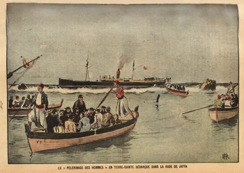 Il pellegrinaggio degli uomini in Terra Santa a Jaffa (Israele). Incisione in "Le pelerin" 8/09/1901. Collezione Selva.