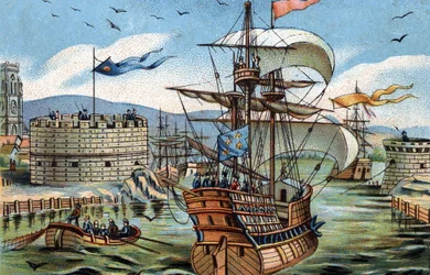 Il porto di Le Havre nel 1520. Cromolitografia intorno al 1890.