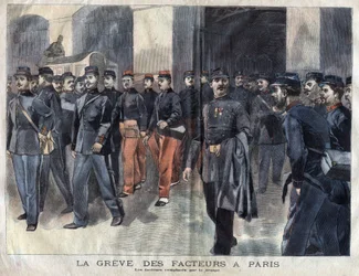 Lo sciopero dei postini: soldati e guardie municipali incaricati della distribuzione delle lettere a Parigi. Incisione del 1899 in "La petite Gironde"