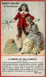 Il problema dei tre fiammiferi: carta per bambini che offre un gioco sotto forma di puzzle (indovinello). Cromolitografia del XIX secolo.