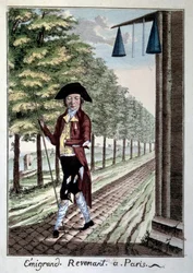 Il ritorno di un emigrante alla fine della Rivoluzione Francese. Un nobile con abiti strappati che fuggì dalla città durante la Rivoluzione. Incisione del XIX secolo Parigi, Museo Carnavalet