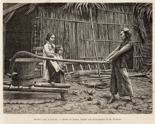 Il mulino del riso, davanti alla casa di un contadino a Gocong, incisione da un disegno di Robin illustrando il viaggio in Cocincina, del Dottor Morice, nel 1872, pubblicato in 