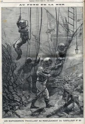 Gli scafandri lavorano al salvataggio del siluro 83 affondato nella baia di Douarnenez in Bretagna, in "Le Petit Parisien".