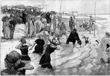 I bagni di mare al tempo della marea su una spiaggia in Normandia, Francia, in "Le Monde Illustré"