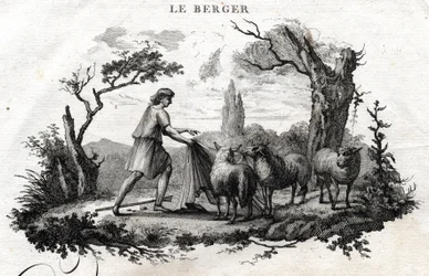 Il pastore. Favola di Esopo. (Scrittore greco Esopo o Ecopo, VI secolo a.C.) Scritta da Guillaume Montfort e incisa da Beauble nel 1801.