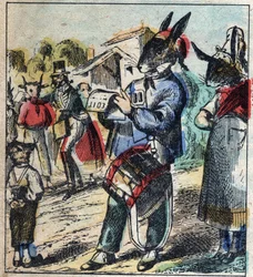 Il leone malato e la volpe. Favole di Jean de La Fontaine (1621-95). Immagine di Epinal fine XIX secolo