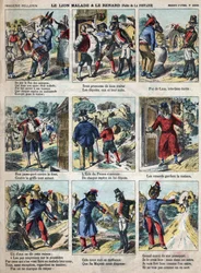 Il leone malato e la volpe. Favole di Jean de La Fontaine (1621-95). Immagine di Epinal fine XIX secolo.