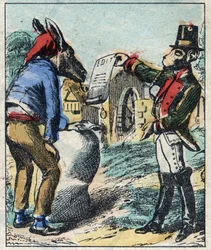 Il leone malato e la volpe. Favole di Jean de La Fontaine (1621-95). Immagine di Epinal fine XIX secolo.