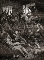 La sofferenza e la morte, dovute alla scarsa ventilazione, dei prigionieri inglesi nel Buco Nero di Calcutta, una piccola prigione nel vecchio Fort William a Calcutta, India, dove le truppe del Nawab del Bengala, Siraj ud-Daulah, tennero prigionieri di