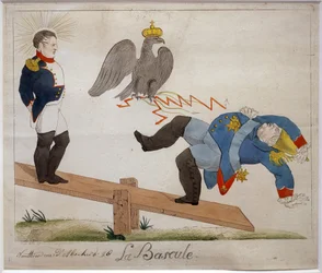 Il bilico. Ritratto di Napoleone Bonaparte (1769-1821) in piedi su una tavola oscillante, osservando il suo nemico cadere, colpito da un