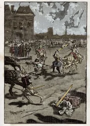 La tortura di François Ravaillac, assassino del re Enrico IV: viene squartato a Parigi il 27 maggio