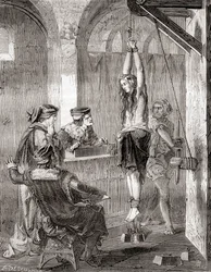 La tortura di una donna accusata di stregoneria nel medioevo, da Les Merveilles de la Science, pubblicato c.1870 (litografia)