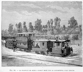 Il tram da Rueil a Marly, guidato dalla locomotiva ad acqua calda - in "Le nuove conquiste della scienza" di Louis Figuier