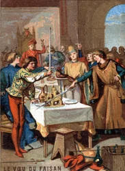 Il desiderio del fagiano (1454): durante la festa organizzata da Filippo III il Buono, Duca di Borgogna, gli ospiti giurano su un fagiano adornato con una collana di perle di sterminare il Turco. Cromolitografia della Serie "Educazione Patriottica attraver