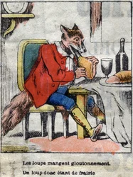 Il lupo e la cicogna. Favole di Jean de La Fontaine (1621-95). Immagine di Epinal fine XIX secolo