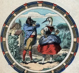 Il lupo e la cicogna. Favole di Jean de La Fontaine (1621-95). Immagine di Epinal della fine del XIX secolo.