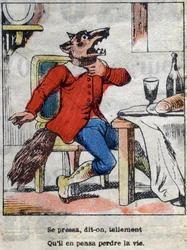 Il lupo e la cicogna. Favole di Jean de La Fontaine (1621-95). Immagine di Epinal fine XIX secolo.